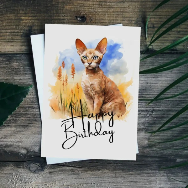 A charming watercolor birthday card featuring a Cornish Rex cat in a natural setting with a cheerful "Happy Birthday" greeting.