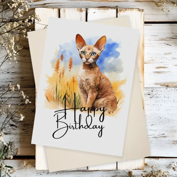 Printable birthday card with a watercolor drawing of a Cornish Rex cat in a natural scene, adorned with "Happy Birthday" text.