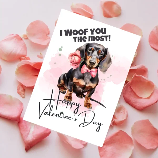 Adorable Valentine's Day card showcasing a dachshund, saying "I Woof You The Most" for a fun, heartfelt message.