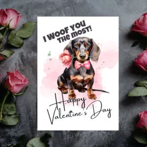Cute dachshund-themed Valentine's Day card with the phrase "I Woof You The Most," perfect for dog enthusiasts.