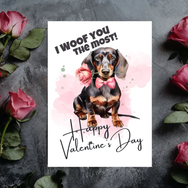 Cute dachshund-themed Valentine's Day card with the phrase "I Woof You The Most," perfect for dog enthusiasts.
