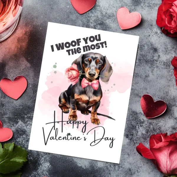 Valentine's Day card featuring a cute dachshund with the text "I Woof You The Most" for a playful touch.