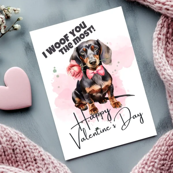Printable Valentine's Day card with a lovable dachshund and the message "I Woof You The Most" for dog lovers.