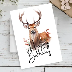 Charming deer birthday card showcasing a watercolor design with the phrase "Happy Birthday" prominently displayed.