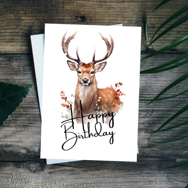 Whimsical deer birthday card with a watercolor effect, highlighting the cheerful message "Happy Birthday."