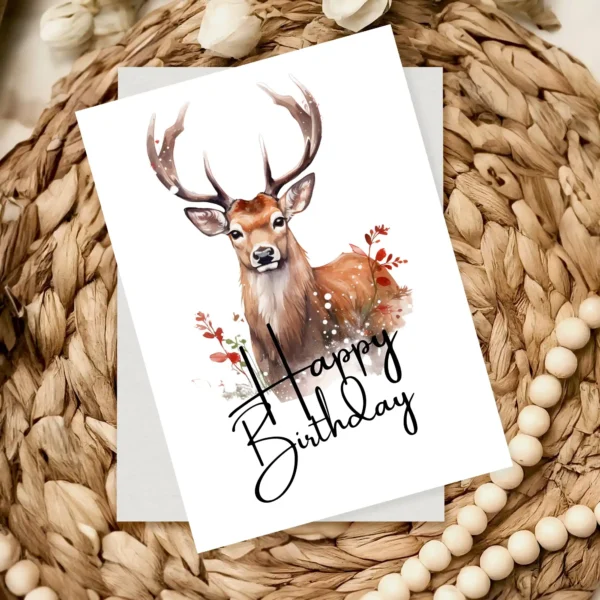 Watercolor deer birthday card featuring a cheerful "Happy Birthday" message in a playful font.