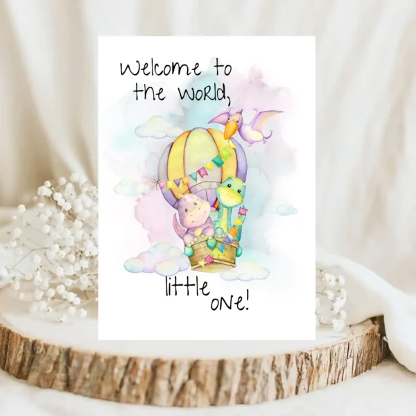 A cheerful greeting card depicting a cartoon bird and balloon, featuring the phrase, "Welcome to the world, little one!" in soft hues.