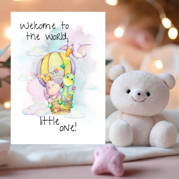 A delightful card illustrating a cartoon bird and balloon, with the welcoming message, "Welcome to the world, little one!" in watercolor.