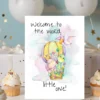 A whimsical card with a cartoon bird and balloon, adorned with the message, "Welcome to the world, little one!" in pastel colors.