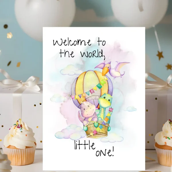 A whimsical card with a cartoon bird and balloon, adorned with the message, "Welcome to the world, little one!" in pastel colors.