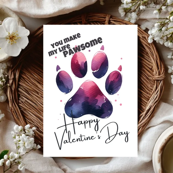 Valentine's Day card with a playful dog paw graphic and the words "You Make My Life Pawsome." Great for dog lovers!