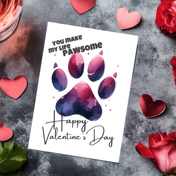 Printable Valentine's Day card featuring a dog paw and the text "You Make My Life Pawsome." Perfect for pet lovers!