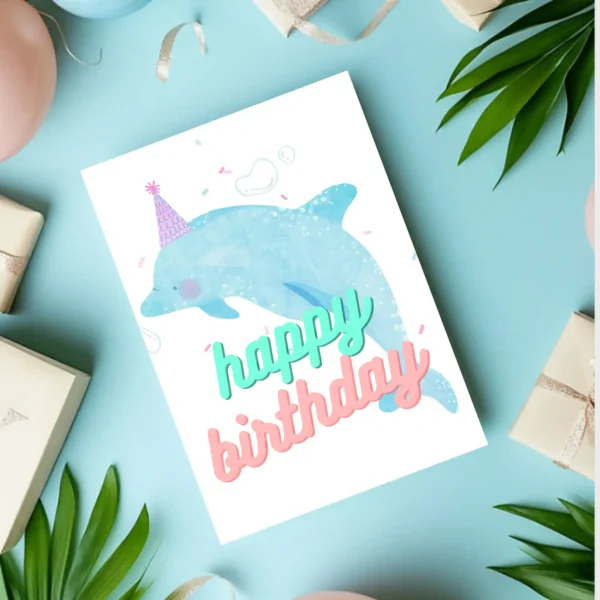Dolphin-themed birthday card, watercolor style with festive sea life design