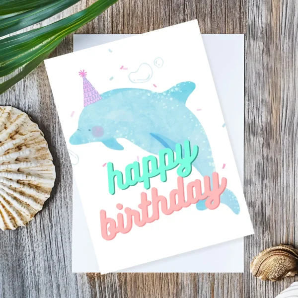 Cute dolphin in party hat for children’s birthday – digital download card