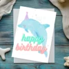 Happy Birthday card with watercolor dolphin and underwater theme