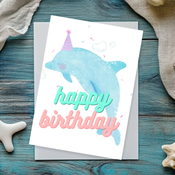 Happy Birthday card with watercolor dolphin and underwater theme