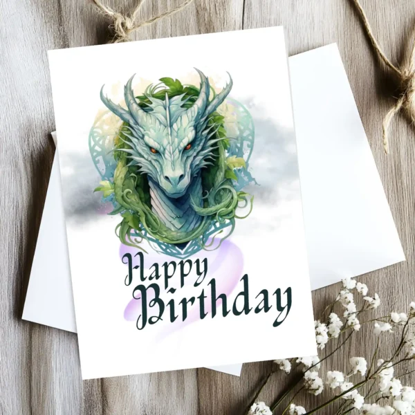A vibrant birthday card adorned with a Celtic dragon, designed for those who love fantasy and mythical creatures.