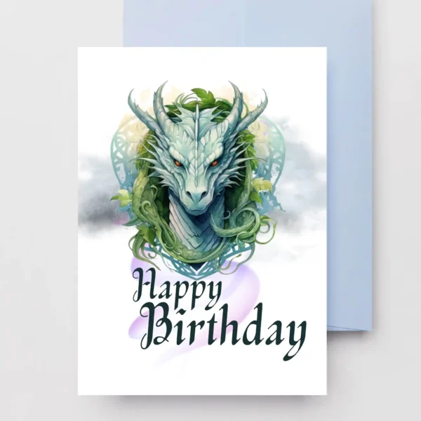 A fantasy-themed birthday card featuring a striking Celtic dragon, perfect for celebrating a birthday in style.
