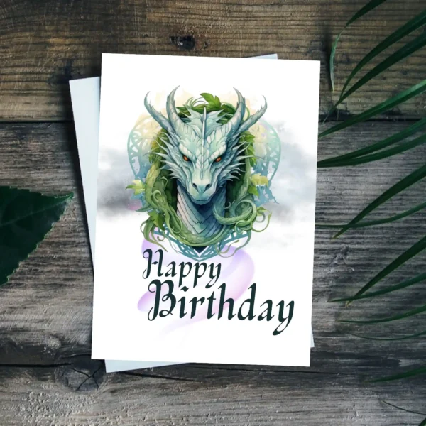 A colorful birthday card with a Celtic dragon illustration, perfect for anyone who enjoys fantasy art and celebrations.