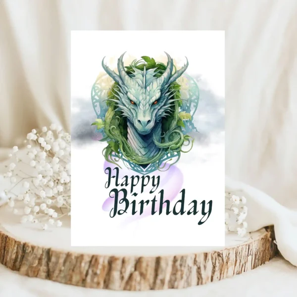 A printable birthday card featuring a colorful Celtic dragon design, perfect for fantasy enthusiasts.