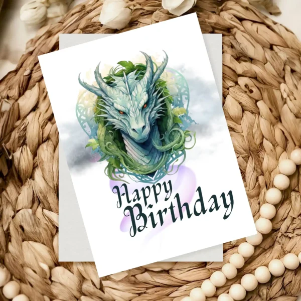 A whimsical birthday card showcasing a Celtic dragon, ideal for celebrating a special day with a fantasy theme.