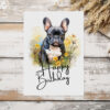 Happy birthday card showcasing a French bulldog in a watercolor style, surrounded by nature, with a "Happy Birthday" greeting.