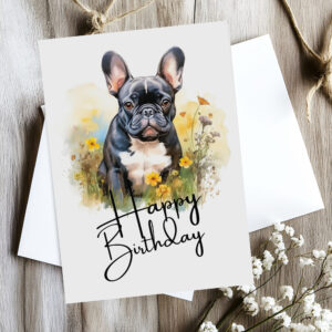 Cheerful watercolor birthday card of a French bulldog in a natural scene, featuring a "Happy Birthday" message.