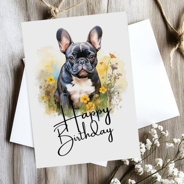 Cheerful watercolor birthday card of a French bulldog in a natural scene, featuring a "Happy Birthday" message.