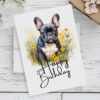 French bulldog birthday card in watercolor, set in a natural environment, with a bright "Happy Birthday" text.