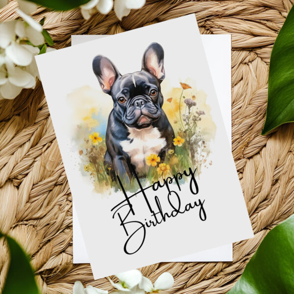 Watercolor birthday card featuring a happy French bulldog in a natural setting with a cheerful "Happy Birthday" message.