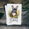 Printable birthday card with a joyful French bulldog watercolor illustration, set in nature, saying "Happy Birthday."