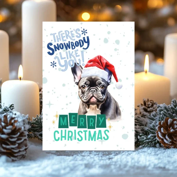 Holiday card featuring a French Bulldog in red Santa hat and winter scene