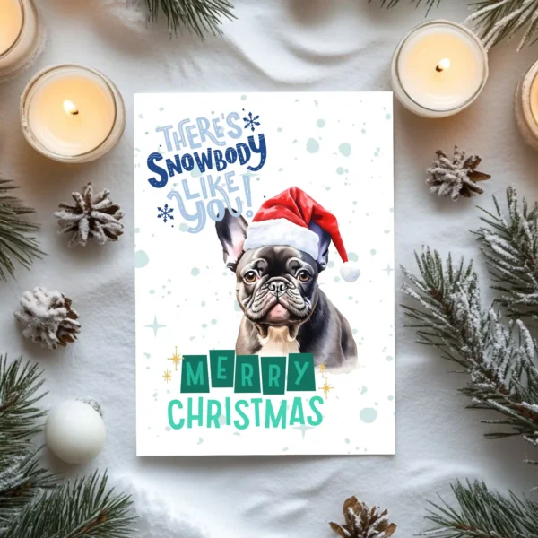 Digital download card with a French Bulldog and cheerful Christmas message