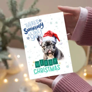 Cute Frenchie in Santa hat with snow and festive greeting – instant digital holiday card