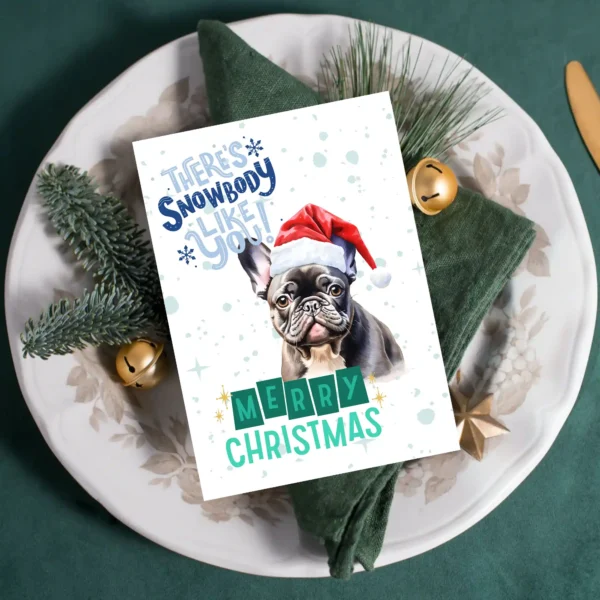 Adorable French Bulldog Christmas card with snow and heartwarming message