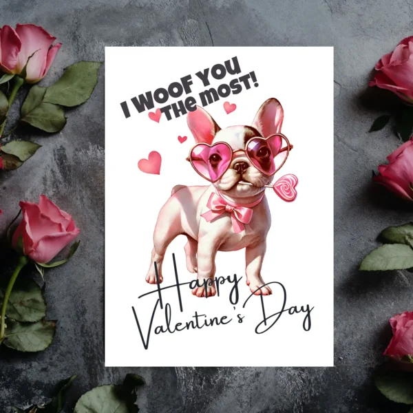 Cute Valentine's card showcasing a French Bulldog with the phrase "I Woof You The Most" for a sweet touch.