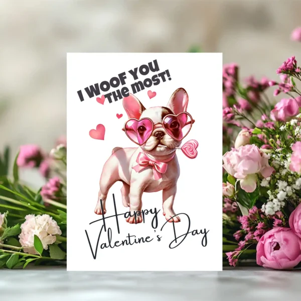 Charming Valentine's Day card with a French Bulldog illustration and the words "I Woof You The Most."