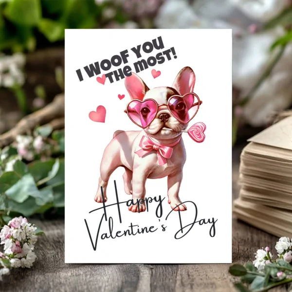 Printable Valentine's Day card featuring a cute French Bulldog with the text "I Woof You The Most."
