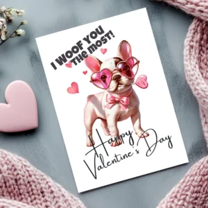 Valentine's Day card design with a playful French Bulldog and the message "I Woof You The Most."