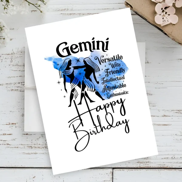 Festive Gemini birthday card with traits, adorned with a calming blue watercolor background representing the air element.