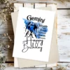 Printable Gemini birthday card featuring character traits on a blue watercolor background representing the air element.