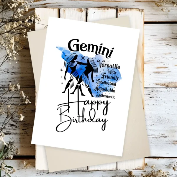 Printable Gemini birthday card featuring character traits on a blue watercolor background representing the air element.