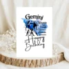 Gemini birthday card with character traits, designed with a blue watercolor background symbolizing the air element.