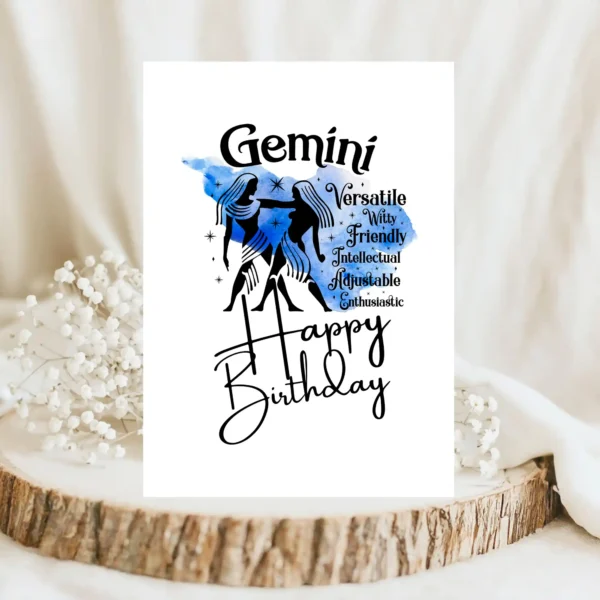 Gemini birthday card with character traits, designed with a blue watercolor background symbolizing the air element.