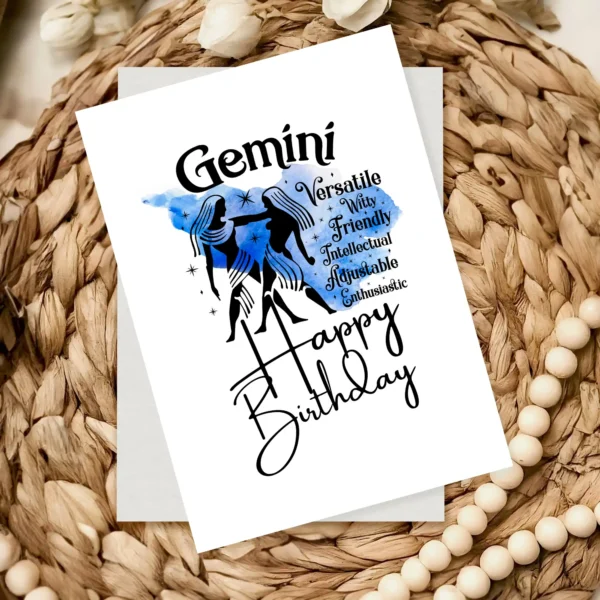 Colorful Gemini birthday card showcasing traits, set against a blue watercolor background reflecting the air element.