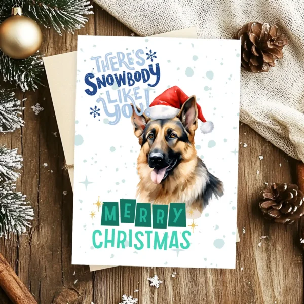 Adorable German Shepherd holiday card with winter snow and funny message