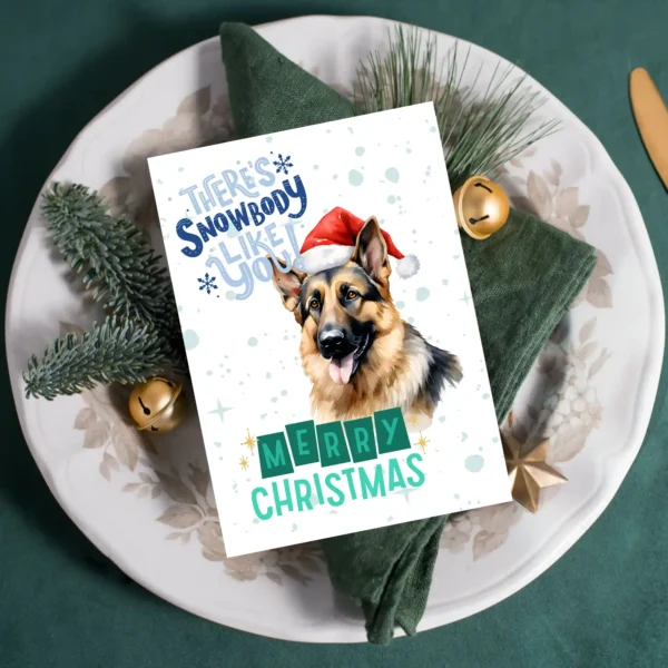German Shepherd printable card with snowy background and holiday cheer