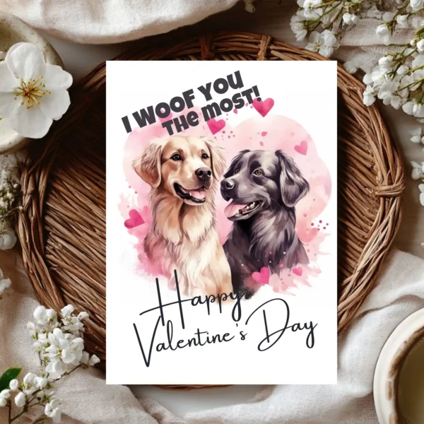 Printable Valentine's Day card featuring two dogs with the text "I Woof You The Most" in a playful design.