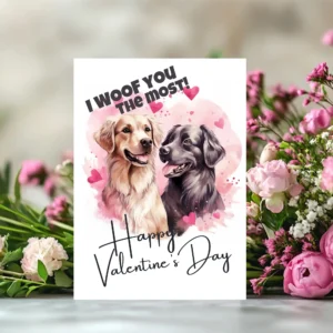 Valentine's Day card showing a Golden and Black Retriever duo with the message "I Woof You The Most" for dog lovers.