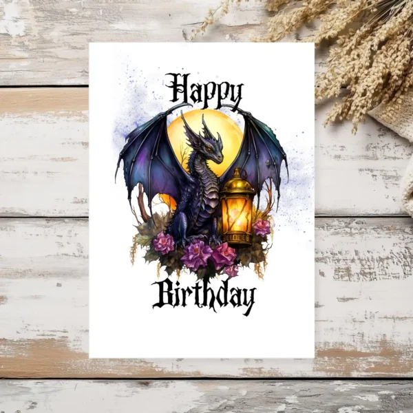 A whimsical birthday card showcasing a purple dragon with a lantern, surrounded by blooming flowers in a gothic style.